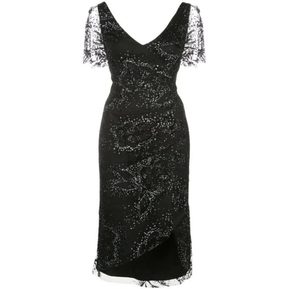 NWT Marchesa Notte Black Lace V-Neck Flocked Midi Dress $495 - Picture 4 of 7
